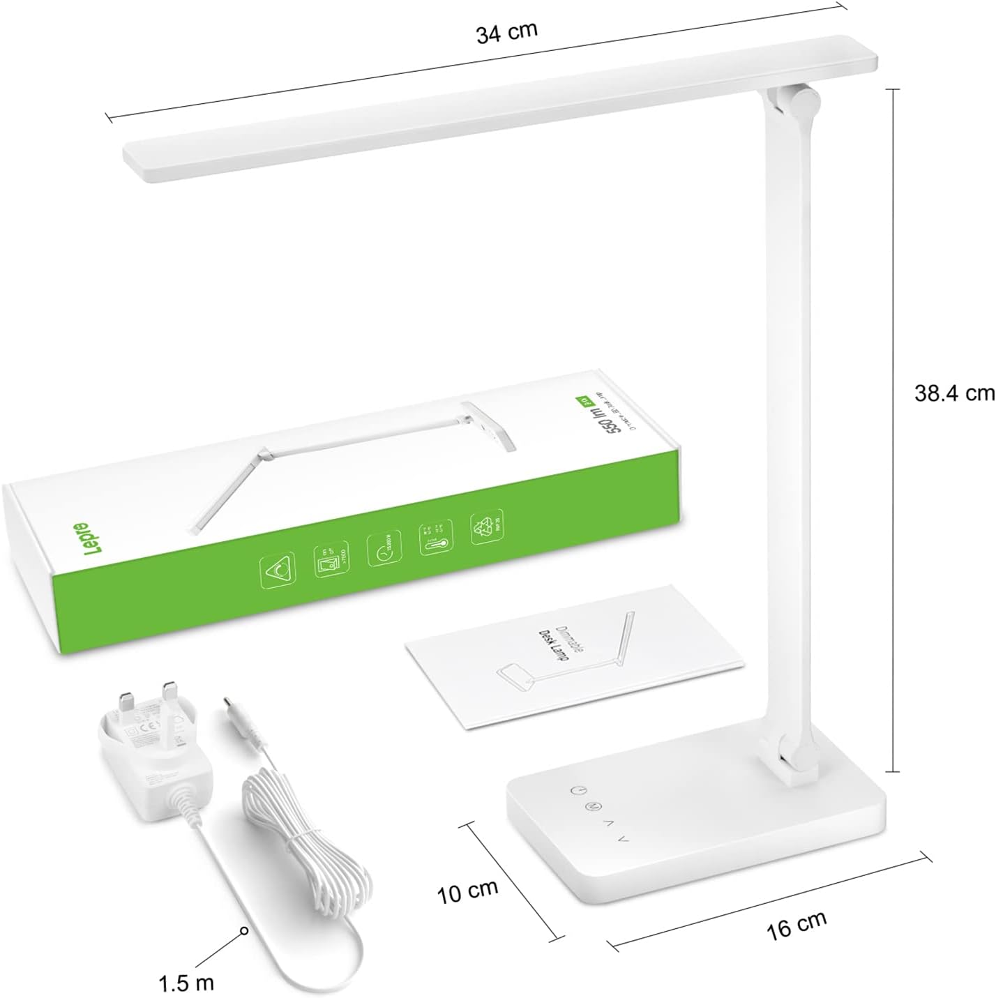 Lepro Desk Lamp, LED Desk Lamp with Power Adapter, 9.2W 800lm, Dimmable Desk Lamps Office, 5 Brightness Levels x 5 Colour Modes, Touch Control Daylight Lamp for Office, Study, Bedroom, Nails, Reading