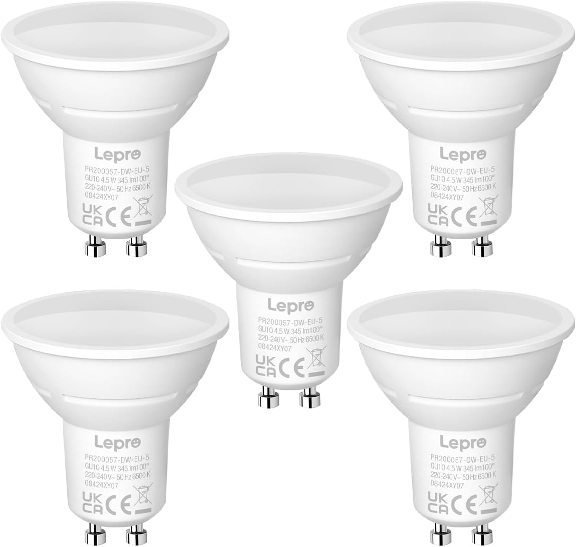 Lepro GU10 LED Bulbs, Cool White 6500K, 4.5W 345lm Energy Saving Light Bulbs, 50W Halogen Spotlight Equivalent, 100° Beam Angle, Daylight White, AC 220V-240V, Non-dimmable, Pack of 5