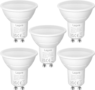 Lepro GU10 LED Bulbs, Cool White 6500K, 4.5W 345lm Energy Saving Light Bulbs, 50W Halogen Spotlight Equivalent, 100�� Beam Angle, Daylight White, AC 220V-240V, Non-dimmable, Pack of 5