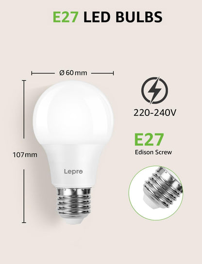 Lepro E27 Screw Bulbs 60W Equivalent, Warm White 2700K E27 LED Bulb, 8.5W 806lm Edison Screw ES LED Light Bulb, Energy Saving E27 Bulbs for Lamp, Non-dimmable, Pack of 6