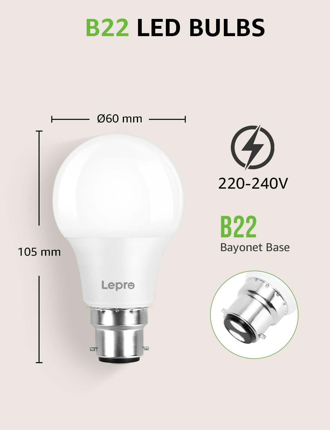 Lepro Bayonet Light Bulbs 60W Equivalent, Warm White 2700K, 8.5W 806lm LED Bayonet Bulb, B22 LED Bulbs, BC GLS Energy Saving Lightbulbs Bayonet, Non-dimmable, Pack of 12
