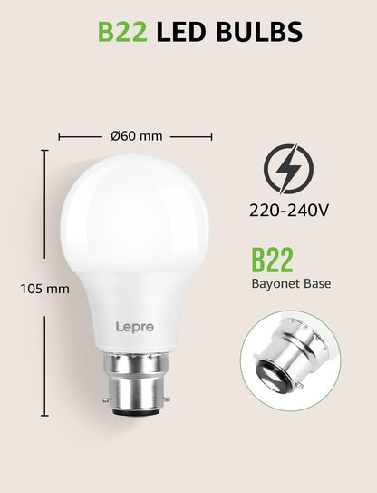 Lepro Bayonet Light Bulbs 60W Equivalent, Warm White 2700K, 8.5W 806lm LED Bayonet Bulb, B22 LED Bulbs, BC GLS Energy Saving Lightbulbs Bayonet, Non-dimmable, Pack of 12