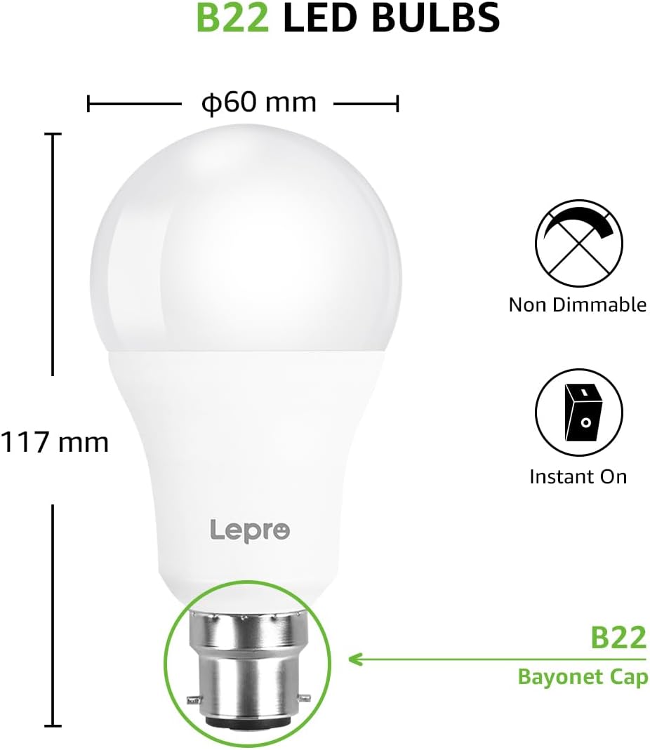 Lepro Bayonet Light Bulbs 100W Equivalent, Warm White 2700K, 13W 1520lm Super Bright LED Bayonet Bulb, B22 LED Bulbs, BC GLS Energy Saving Lightbulbs Bayonet, Non-dimmable, Pack of 6