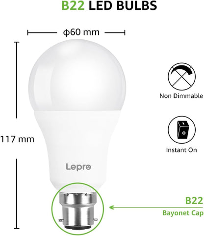 Lepro Bayonet Light Bulbs 100W Equivalent, Warm White 2700K, 13W 1520lm Super Bright LED Bayonet Bulb, B22 LED Bulbs, BC GLS Energy Saving Lightbulbs Bayonet, Non-dimmable, Pack of 6