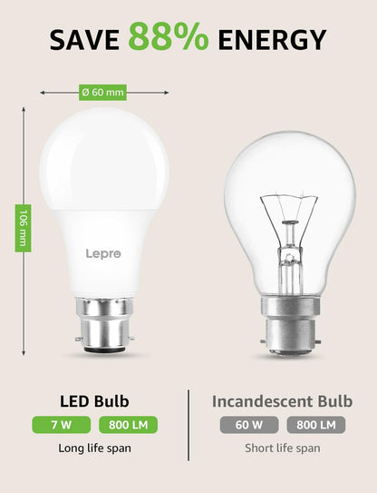 Lepro Dimmable Bayonet Light Bulb, 60W Equivalent, Warm White 2700K, 8.5W 806lm Light Bulbs Bayonet, BC A60 GLS Energy Saving B22 LED Bulb, Pack of 6