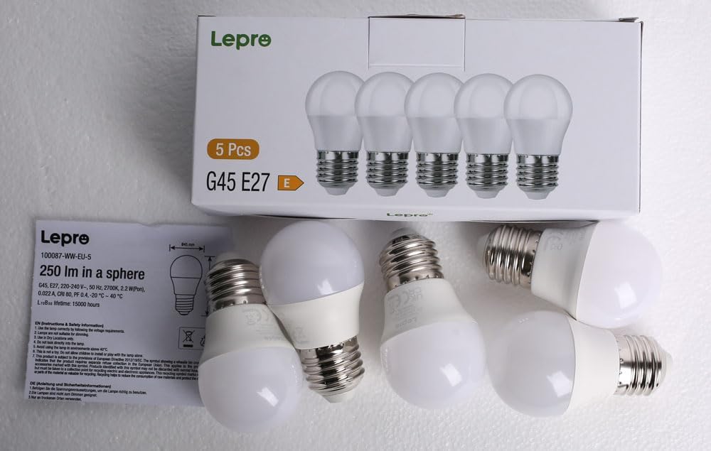 Lepro E27 Screw Bulb, Warm White 2700K E27 LED Light Bulbs, 2.5W (25W Equivalent) Energy Saving, Non Dimmable G45 Golf Ball LED Edison Bulb, 250 Lumen, Pack of 5