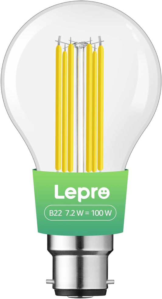 Lepro LED Light Bulbs Bayonet, Ultra Efficient A-Rated B22 Bulb, 7.2W = 100W, 1521lm, 2700K Warm White, 50000H Lifespan, Clear Filament, Glass, Non-dimmable