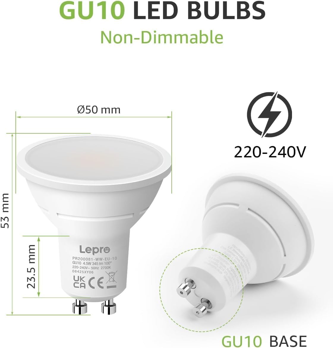 Lepro GU10 LED Bulbs, Warm White 2700K, 4W 345lm, 50W Halogen Spotlight Bulb Equivalent, Energy Saving GU10 LED Light Bulbs, 100° Wide Beam, Non-dimmable, Pack of 10