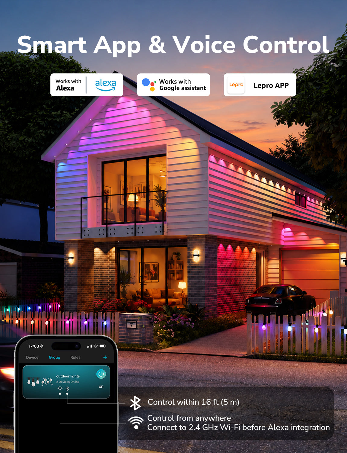 Lepro E1 Plus AI-Powered Permanent Outdoor Lights (Tunable White + RGBIC, Cuttable,  IP67 Waterproof, Works with Alexa & Google Assistant,Dual Output)