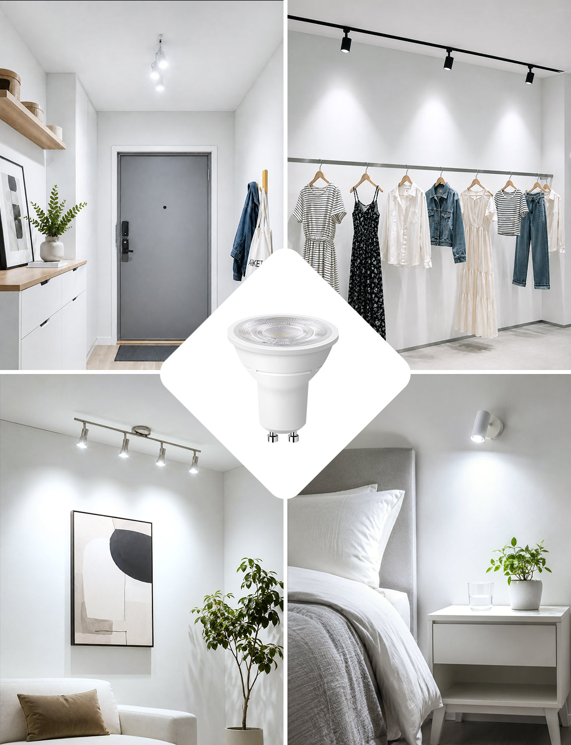 A collage showing a central white LED spotlight bulb surrounded by four lifestyle scenes of modern minimalist interiors: an entryway, a clothing rack, a living room, and a bedroom, all illuminated by the spotlight.