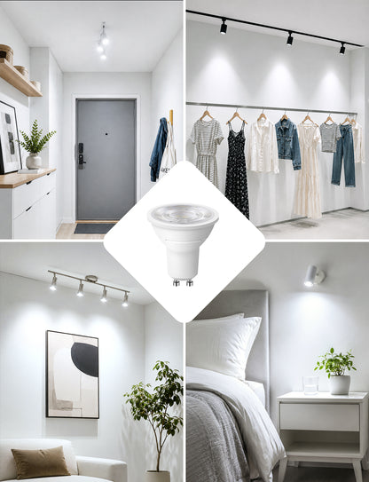 A collage showing a central white LED spotlight bulb surrounded by four lifestyle scenes of modern minimalist interiors: an entryway, a clothing rack, a living room, and a bedroom, all illuminated by the spotlight.