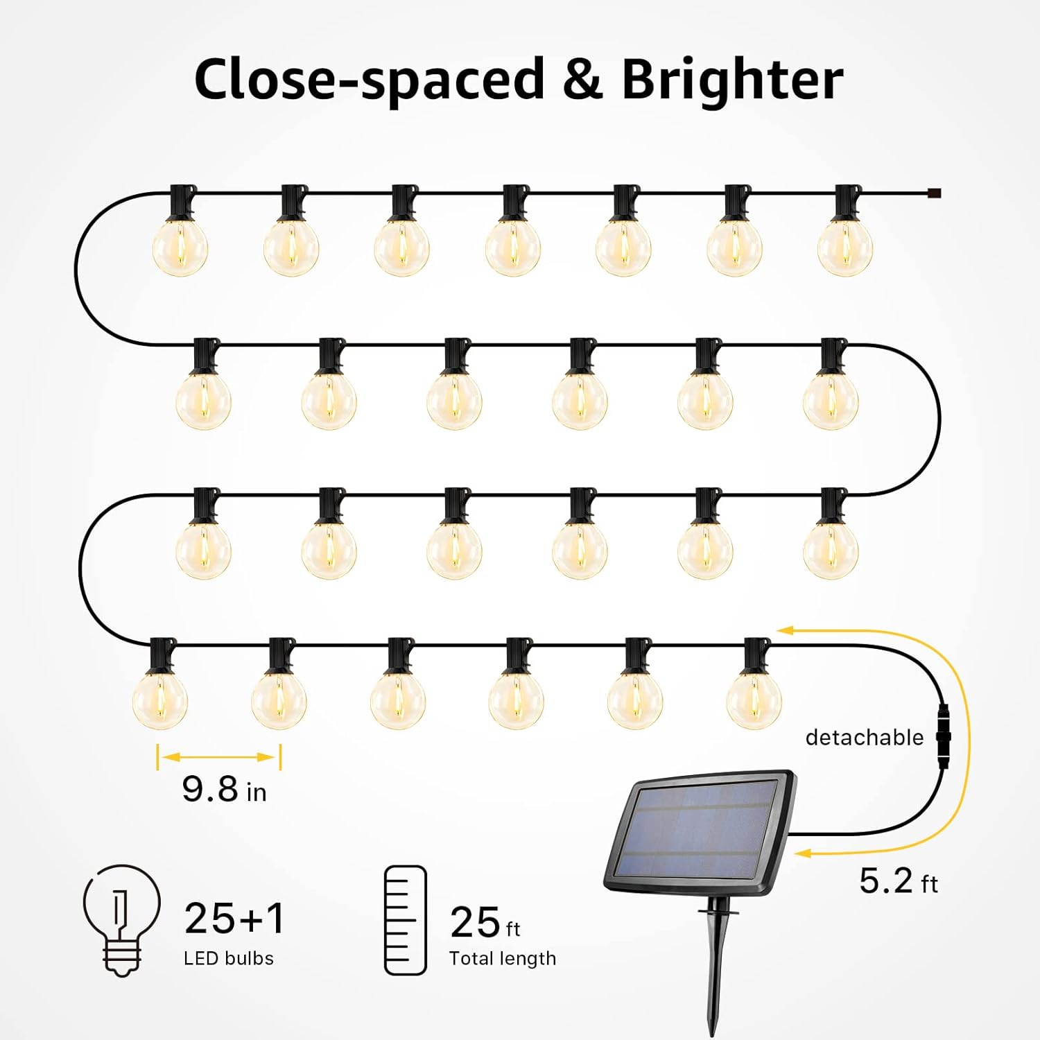 LE Solar String Lights Outdoor, 25ft Solar Festoon Lights Outdoor with 25 G40 LED Bulbs, Waterproof Bulb Fairy String Lights with 4 Light Modes for Garden, Gazebo, Patio, Pergola, Party and More