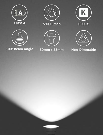 Lepro GU10 LED Bulbs, Cool White 6500K, A Energy Class, 590LM, 3.3W (50W Equivalent), 100¡« Wide Beam Angle, 50000H Long Life, Energy Saving LED Spotlight Bulb, Non-Dimmable, Pack of 10