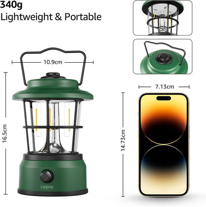 Lepro Rechargeable Camping Lantern, 300LM Retro Camping Tent Light with Knob Control, Dimmable Warm & Cool White, Type-C Charging, 3600mAh Portable Hanging Lamp for Power Cuts, Garden, Fishing, Green