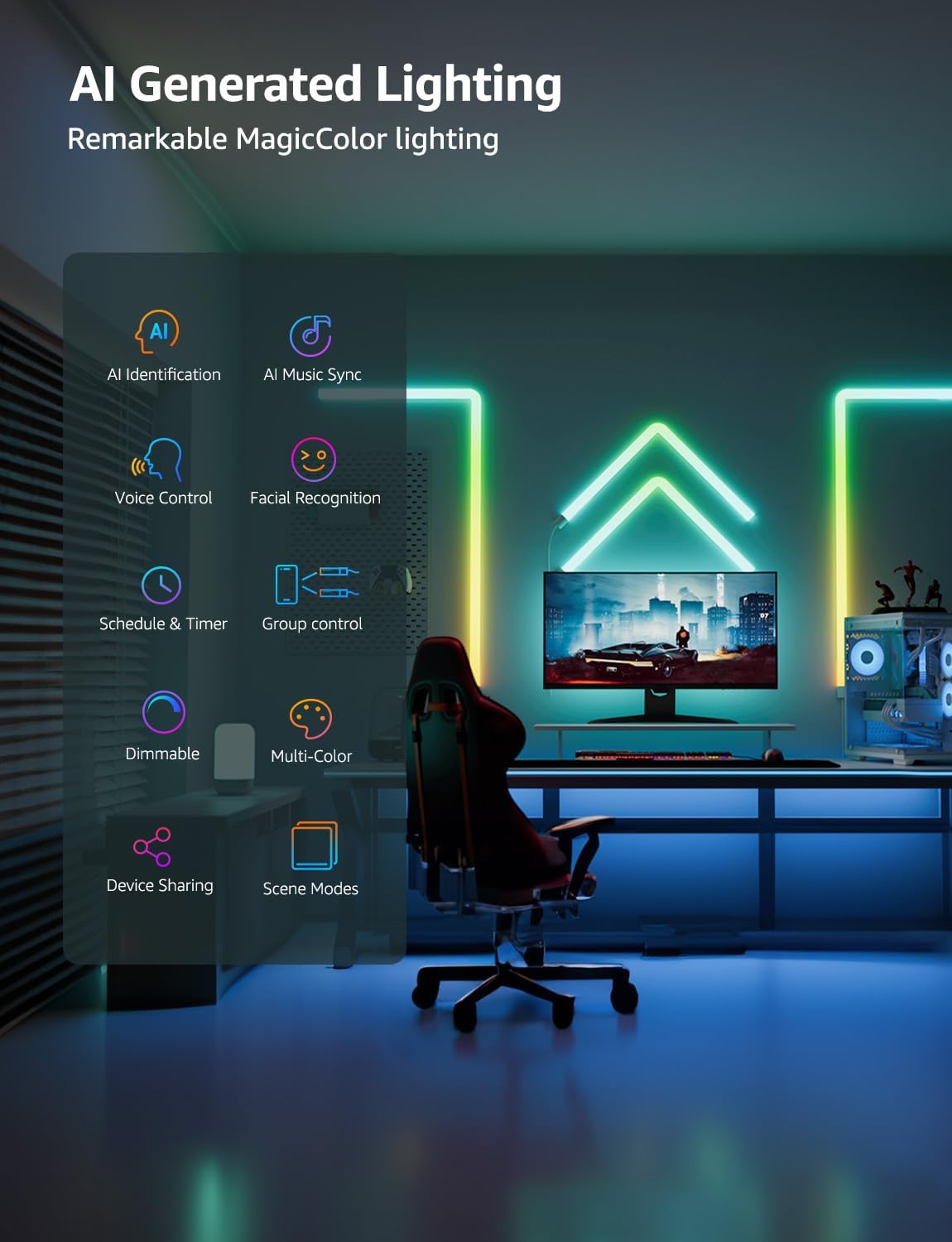 Lepro WL1 AI Smart Wall Light, Music Sync LED Light Bar, Voice Control, Segmented DIY, AI Lighting Design Assistant, for Home Decor, Gaming Setup, Work with Alexa,Google Assistant,8 Pcs with 4 Corners