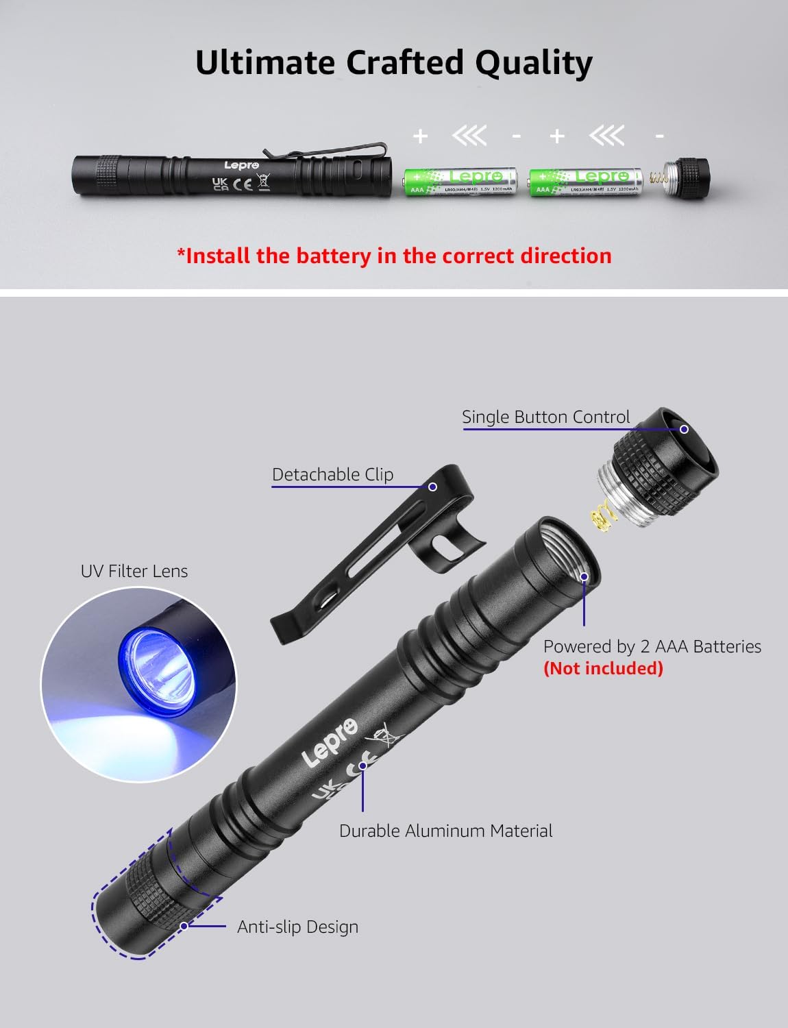 Lepro 365nm UV Torch, Ultraviolet Flashlight, UV Pen Torch with Clip, High UV Purity, Small UV Light Torch Powered by 2 AAA Batteries (Not Included),Black Light Detector for Pet Urine, Invisible Stain