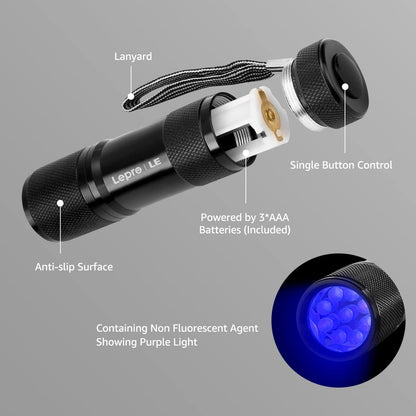 Lighting EVER Lepro LE UV Torch, 9 LED 395nm Ultraviolet Flashlight, Blacklight Detector for Pet Urine, Stain, Bed Bugs and More, 6 AAA Batteries Included