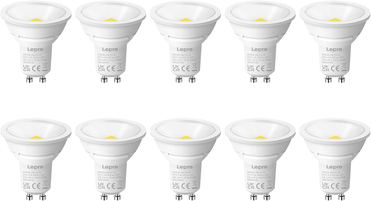 Lepro GU10 LED Bulbs, Cool White 6500K, 800LM, 8W (65W Equivalent), 100¡« Wide Beam Angle, Energy Saving LED Spotlight Bulbs, Non-Dimmable, Pack of 10