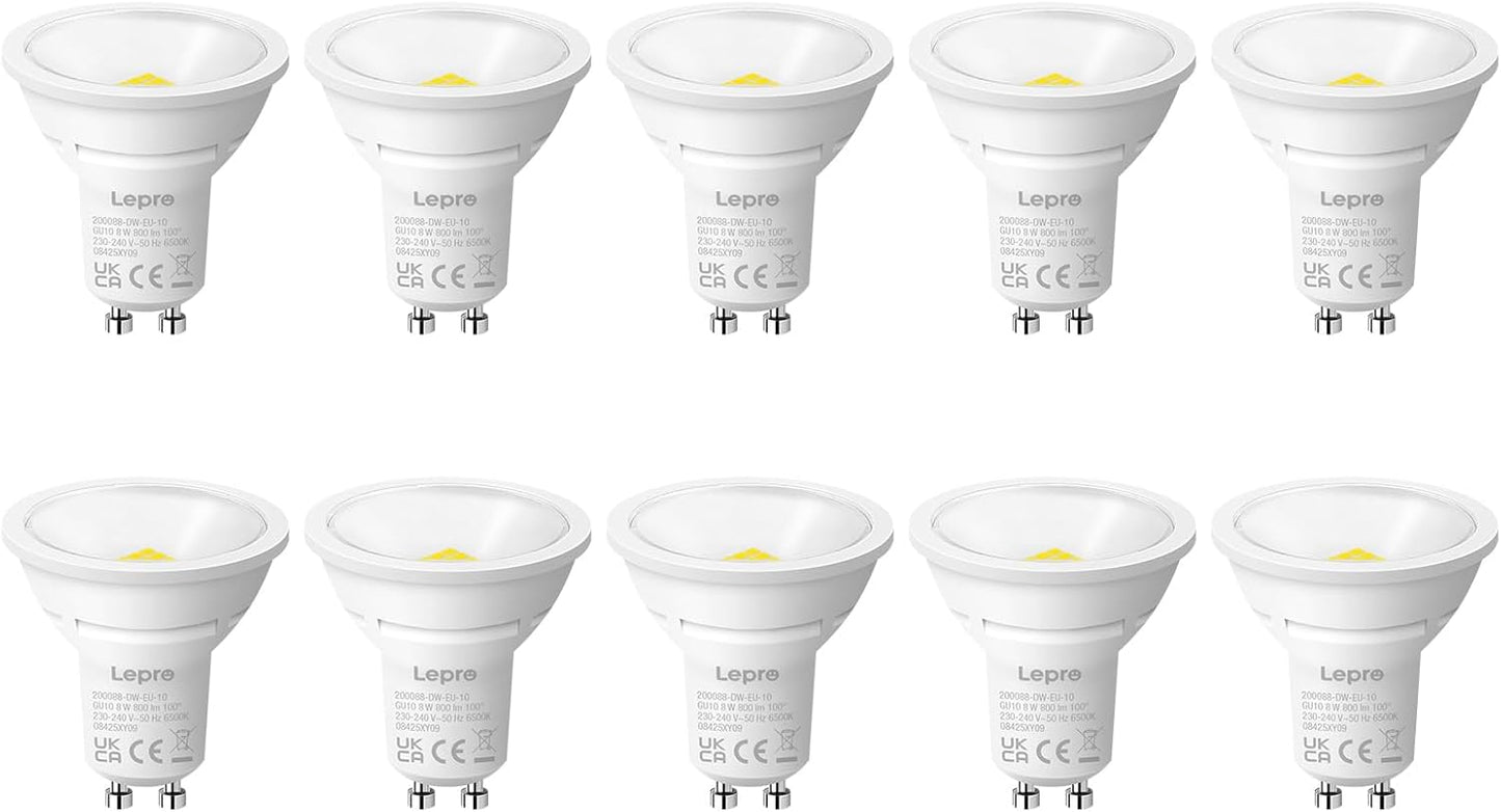 Lepro GU10 LED Bulbs, Cool White 6500K, 800LM, 8W (65W Equivalent), 100¡« Wide Beam Angle, Energy Saving LED Spotlight Bulbs, Non-Dimmable, Pack of 10