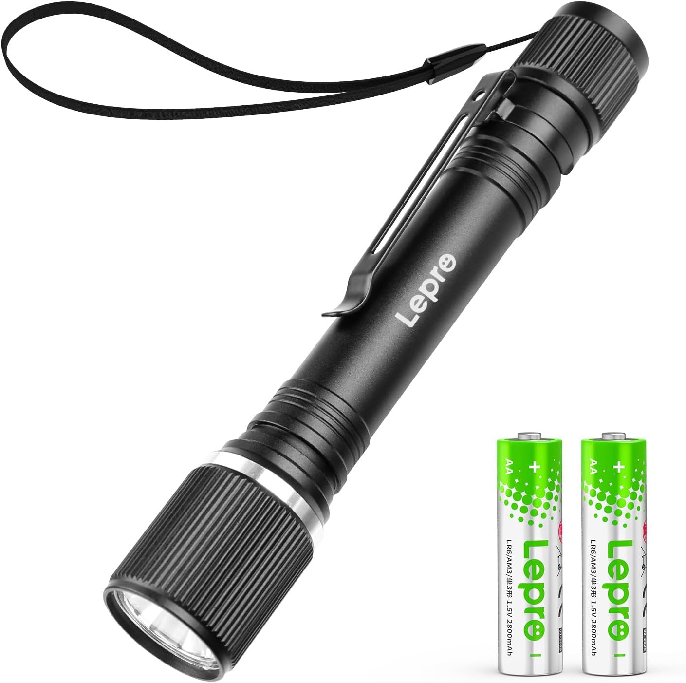 Lepro Torch Battery Powered, Small Bright LED Flashlight with Clip, 3 Modes, IPX4 Waterproof, Anti-Slip Aluminum Body for Camping, Emergency, Dog Walking and Power Cut, Batteries Included [Energy Class A+]