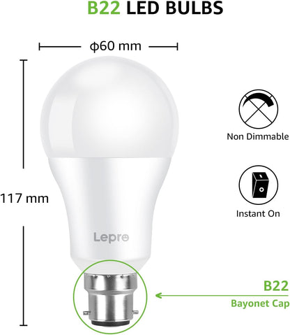 Lepro Bayonet Light Bulbs 100W Equivalent, Cool White 6500K, 13W 1520lm Super Bright Daylight B22 LED Bulbs, BC GLS Energy Saving, Non-dimmable, Pack of 6