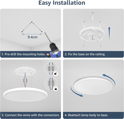 Lepro 24W LED Ceiling Light, 2400lm Super Bright Waterproof Bathroom Light, 2.6cm Ultra-Thin, Daylight White 5000K, Round Large Flush Ceiling Light for Living Room, Bedroom, Kitchen and More, Ø29.3cm