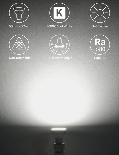 Lepro GU10 LED Bulbs, Cool White 5000K, 4W 345lm Energy Saving Light Bulbs, 50W Halogen Spotlight Equivalent, 100° Beam Angle, Daylight White, AC 220V-240V, Non-dimmable, Pack of 5