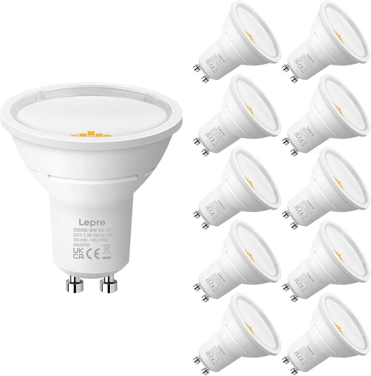 Lepro GU10 LED Bulbs, Warm White 2700K, A Energy Class, 590LM, 3.3W (50W Equivalent), 100¡« Wide Beam Angle, 50000H Long Life, Energy Saving LED Spotlight Bulb, Non-Dimmable, Pack of 10