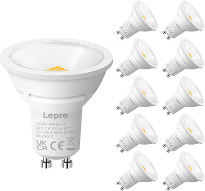 Lepro GU10 LED Bulbs, Warm White 2700K, 800LM, 8W (65W Equivalent), 100�� Wide Beam Angle, Energy Saving LED Spotlight Bulbs, Non-Dimmable, Pack of 10
