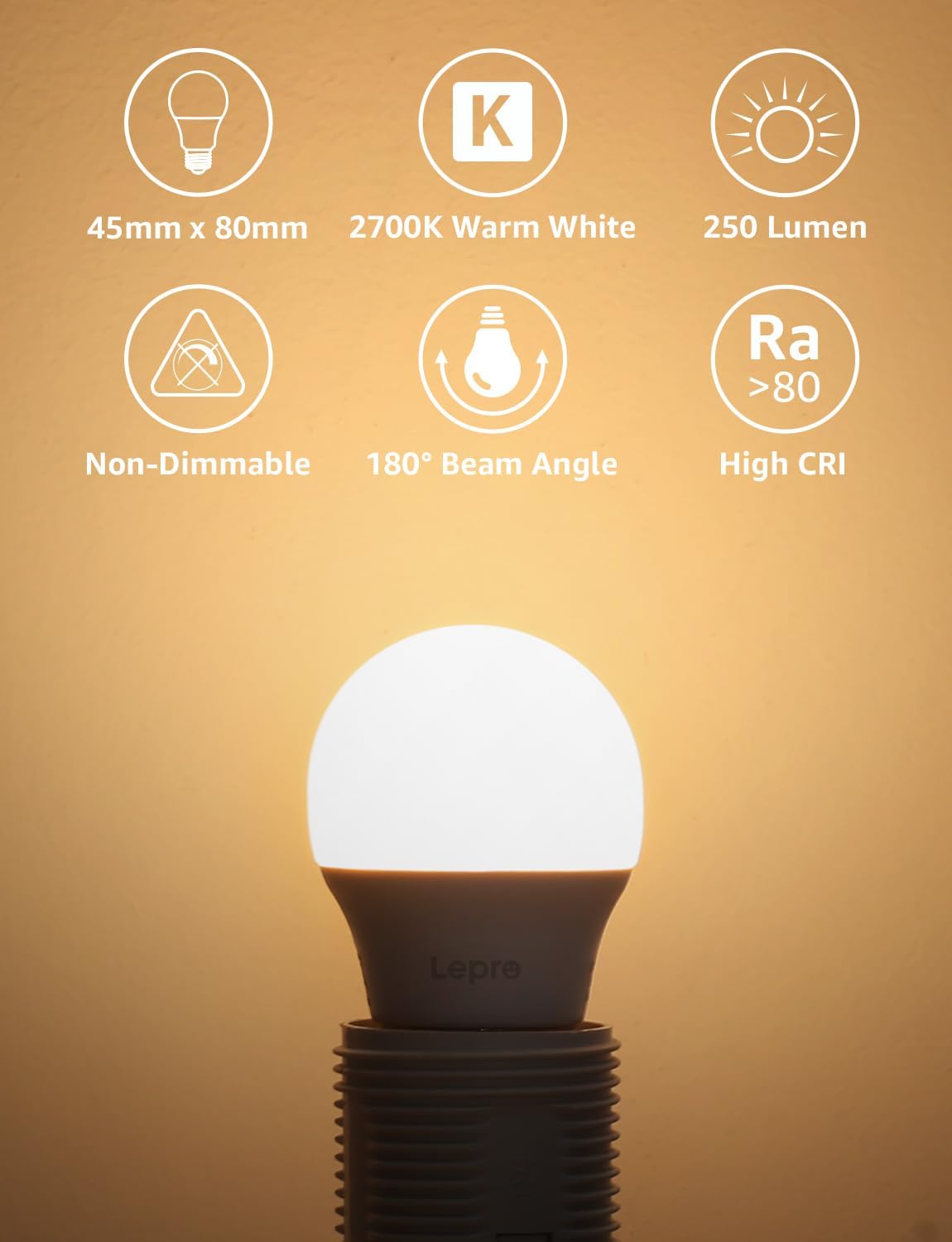 Lepro E27 Screw Bulb, Warm White 2700K E27 LED Light Bulbs, 2.5W (25W Equivalent) Energy Saving, Non Dimmable G45 Golf Ball LED Edison Bulb, 250 Lumen, Pack of 5