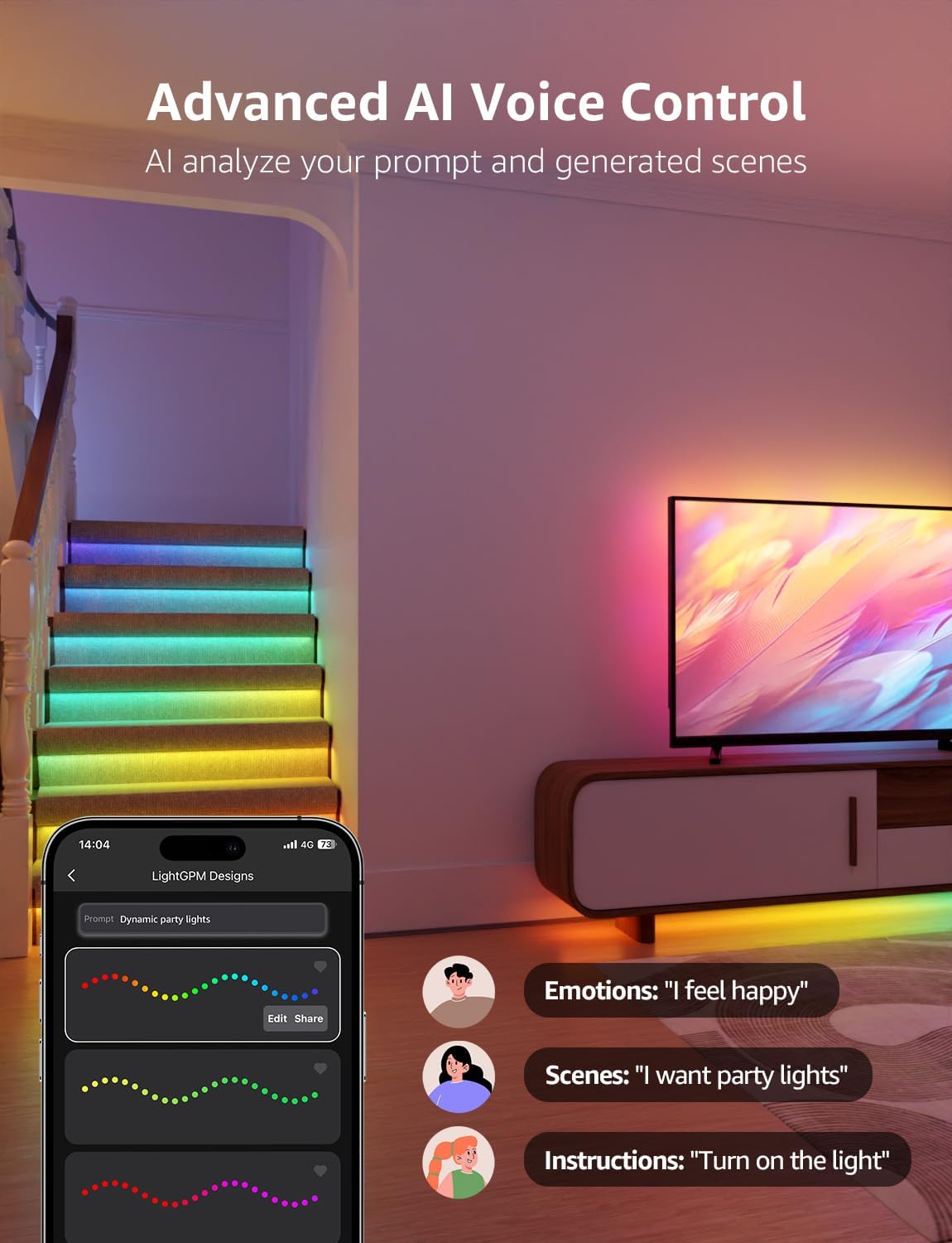 Lepro S2 AI Smart LED Strip Light 5M RGBW+IC, Works with Alexa, Google Assistant, Music Sync, 1200LM White Light, Personalized AI Lighting Designer, Zonal Colour Control LED Lights, App Voice Control