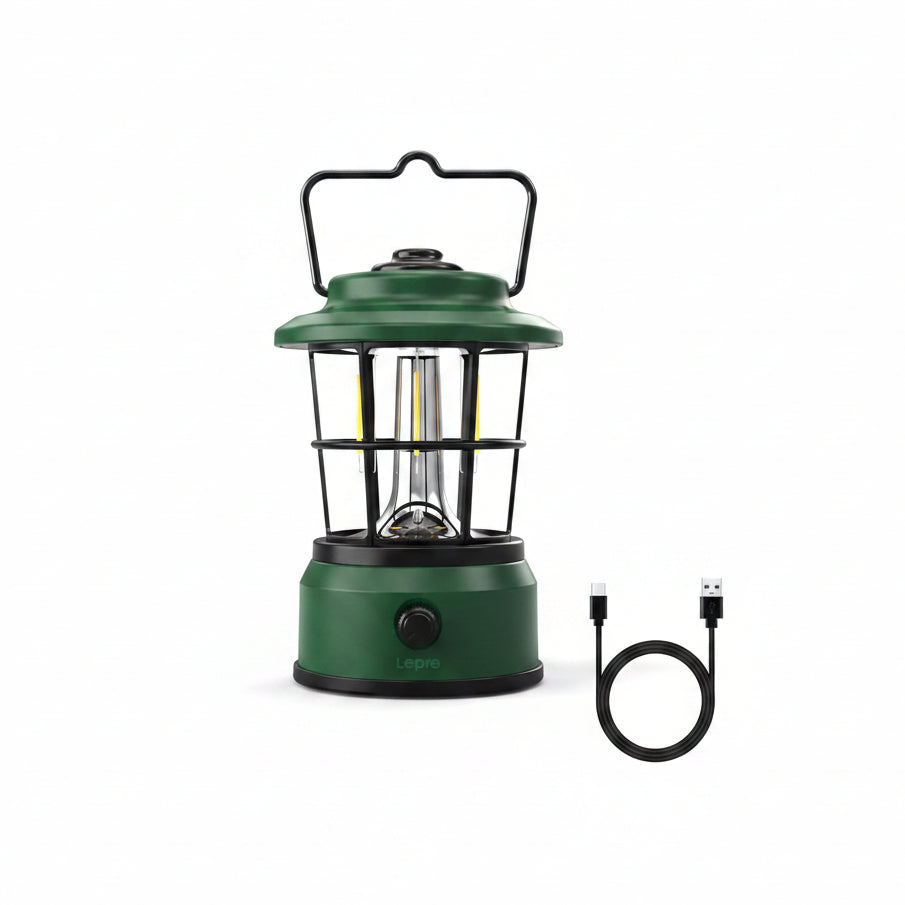 Lepro Rechargeable Camping Lantern, 300LM Retro Camping Tent Light with Knob Control, Dimmable Warm & Cool White, Type-C Charging, 3600mAh Portable Hanging Lamp for Power Cuts, Garden, Fishing, Green