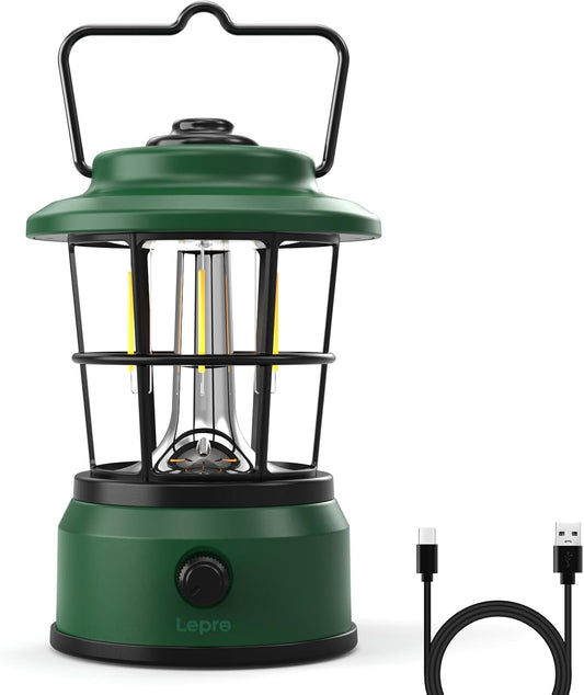 Lepro Rechargeable Camping Lantern, 300LM Retro Camping Tent Light with Knob Control, Dimmable Warm & Cool White, Type-C Charging, 3600mAh Portable Hanging Lamp for Power Cuts, Garden, Fishing, Green