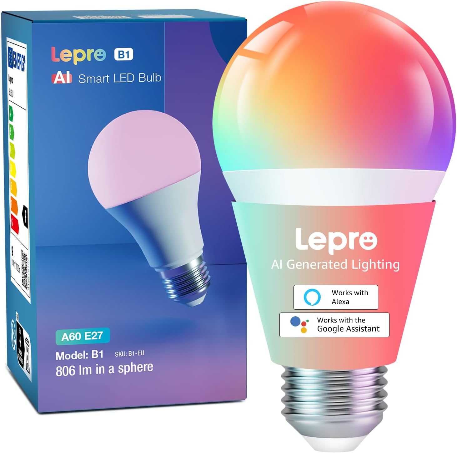 Lepro B1 AI Smart Bulb E27, Music Sync Bluetooth & WiFi Bulb, Voice Control Smart Screw Bulb, AI Lighting Design Assistant, Colour Changing Light Bulbs, RGBCCT, Work with Alexa & Google Assistant