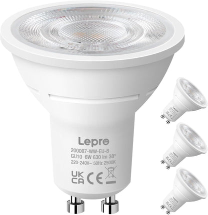Lepro GU10 LED Spotlight Bulb, 630LM, 6W (80W Equivalent), Warm White 2700K, 38¡« Beam Angle, Energy Saving Light Bulbs, Non-Dimmable, 4 Packs