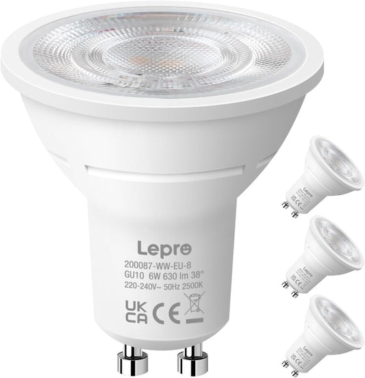 Lepro GU10 LED Spotlight Bulb, 630LM, 6W (80W Equivalent), Warm White 2700K, 38¡« Beam Angle, Energy Saving Light Bulbs, Non-Dimmable, 4 Packs