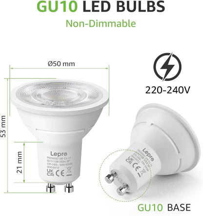 Lepro GU10 LED Spotlight Bulbs 3.6W, Cool White 6500K, 345lm, 50W Halogen Spot Light Bulbs Equivalent, Energy Saving GU10 Daylight Bulbs, No Flickering, Non-dimmable, Pack of 10