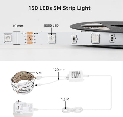 Lepro LED Strip Light 5M, Dimmable RGB LED Strips with Remote, Colour Changing Room Lights, Plug in LED Lights for Bedroom, Living Room, TV, Kitchen, Kids Room (5M, 150 Bright 5050 LEDs)