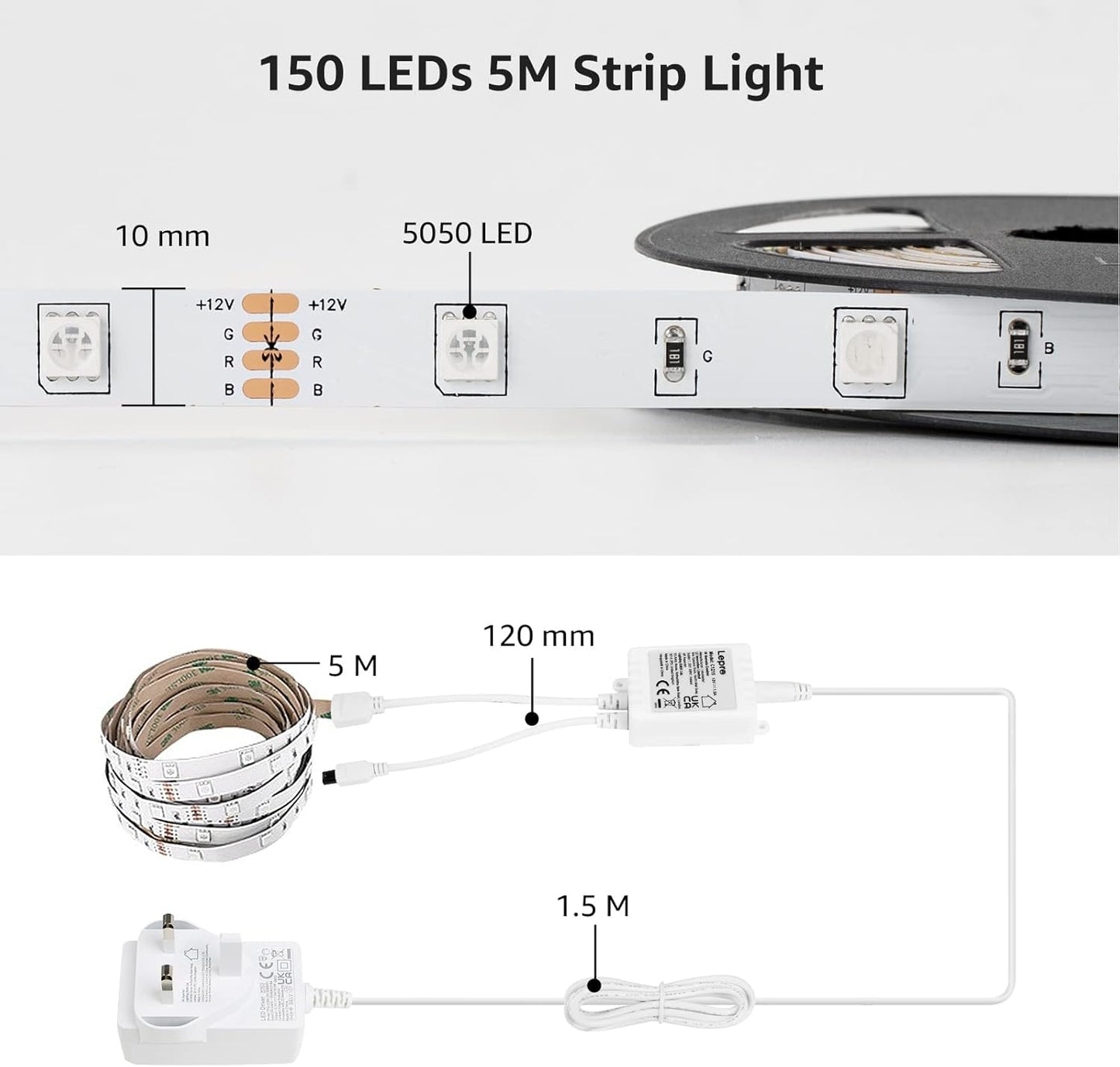 Lepro LED Strip Lights 15M (2x7.5M), RGB Colour Changing LED Strip with 44-Key Remote and 12V Power Plug, Stick-on LED Lights for Bedroom Home Decoration (450 Bright 5050 LED)