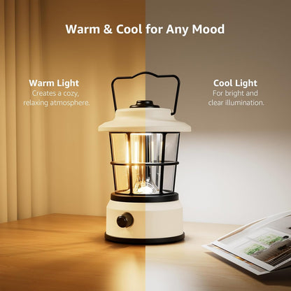 Lepro Rechargeable Camping Lantern, 300LM Retro Camping Tent Light with Knob Control, Dimmable Warm & Cool White, Type-C Charging, 3600mAh Portable Hanging Lamp for Power Cuts, Garden, Fishing, White