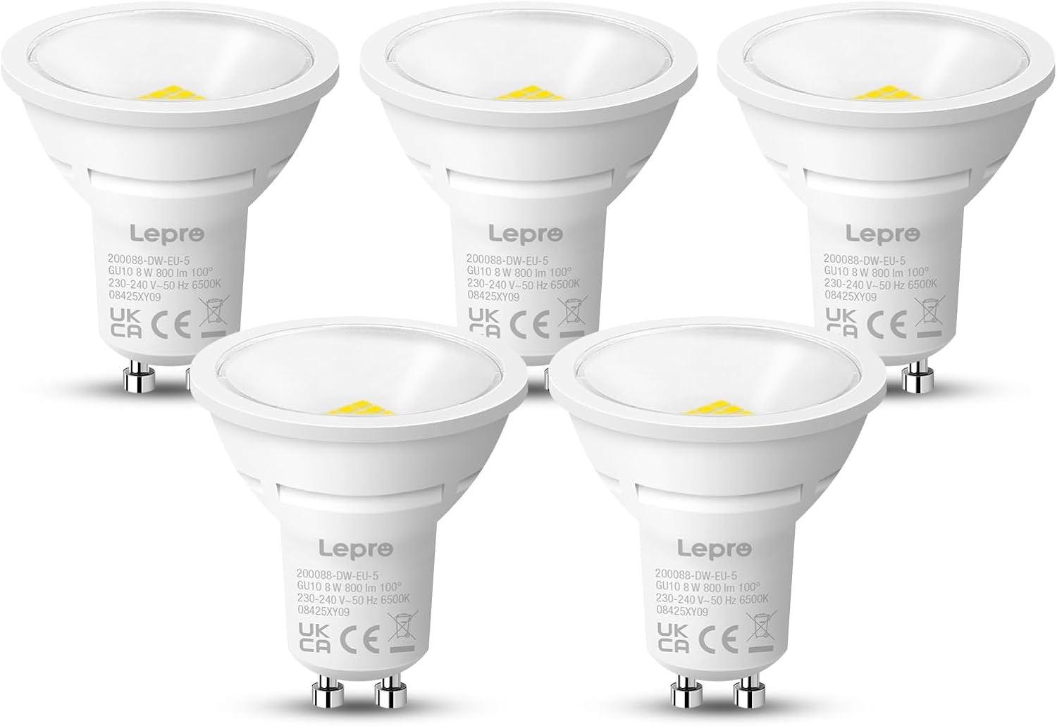 Lepro GU10 LED Bulbs, Cool White 6500K, 800LM Bright GU10 Lightbulbs, 8W (65W Equivalent), 100¡« Wide Beam Angle, Energy Saving LED Spotlight Bulbs, Non-Dimmable, Pack of 5