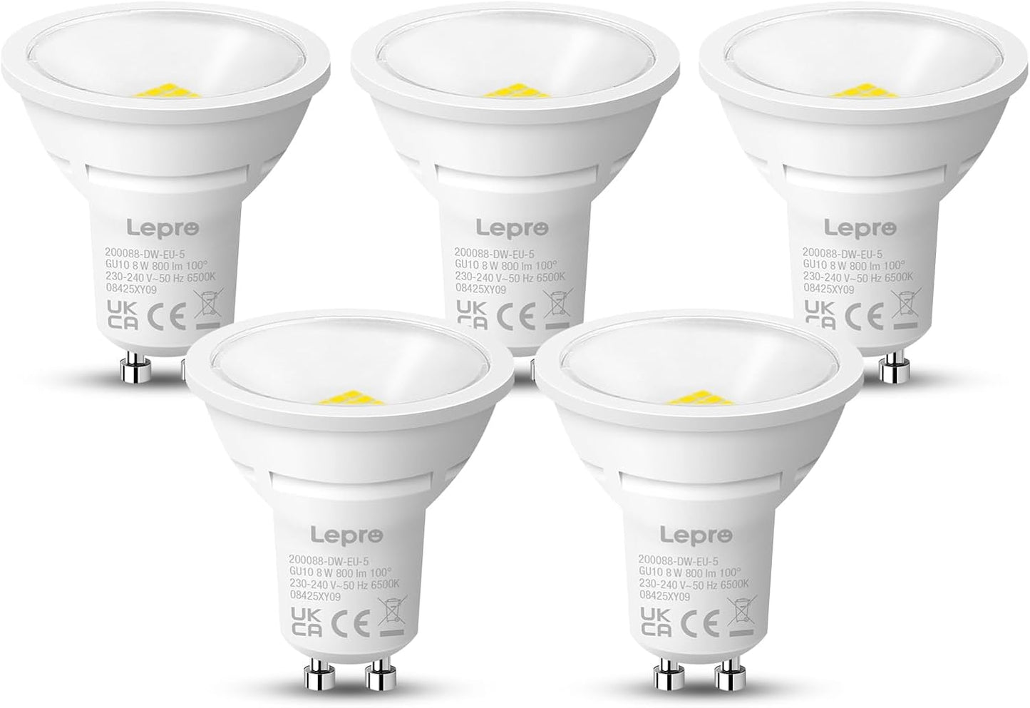 Lepro GU10 LED Bulbs, Cool White 6500K, 800LM Bright GU10 Lightbulbs, 8W (65W Equivalent), 100¡« Wide Beam Angle, Energy Saving LED Spotlight Bulbs, Non-Dimmable, Pack of 5