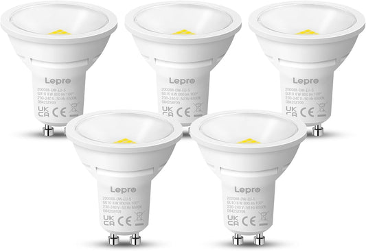 Lepro GU10 LED Bulbs, Cool White 6500K, 800LM Bright GU10 Lightbulbs, 8W (65W Equivalent), 100¡« Wide Beam Angle, Energy Saving LED Spotlight Bulbs, Non-Dimmable, Pack of 5
