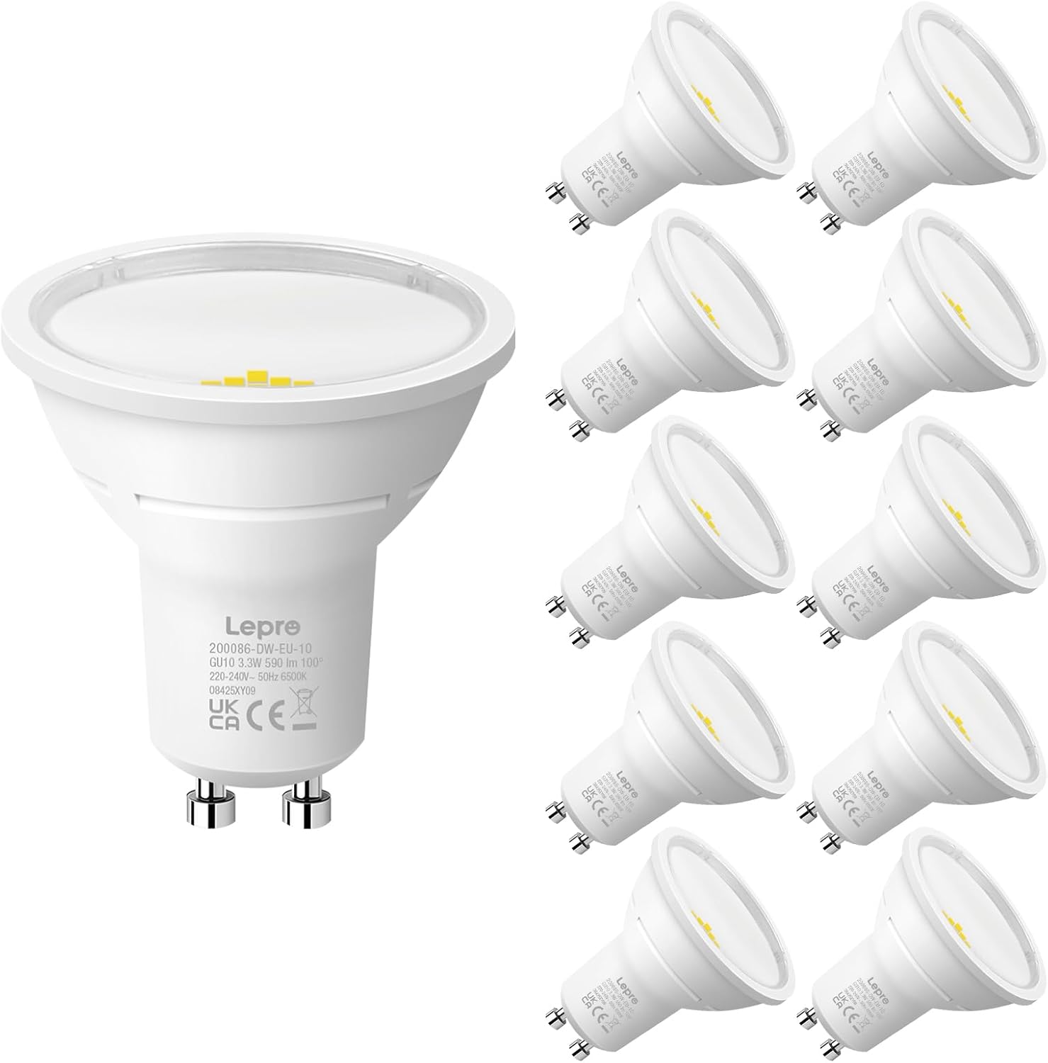 Lepro GU10 LED Bulbs, Cool White 6500K, A Energy Class, 590LM, 3.3W (50W Equivalent), 100¡« Wide Beam Angle, 50000H Long Life, Energy Saving LED Spotlight Bulb, Non-Dimmable, Pack of 10
