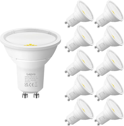 Lepro GU10 LED Bulbs, Cool White 6500K, A Energy Class, 590LM, 3.3W (50W Equivalent), 100¡« Wide Beam Angle, 50000H Long Life, Energy Saving LED Spotlight Bulb, Non-Dimmable, Pack of 10