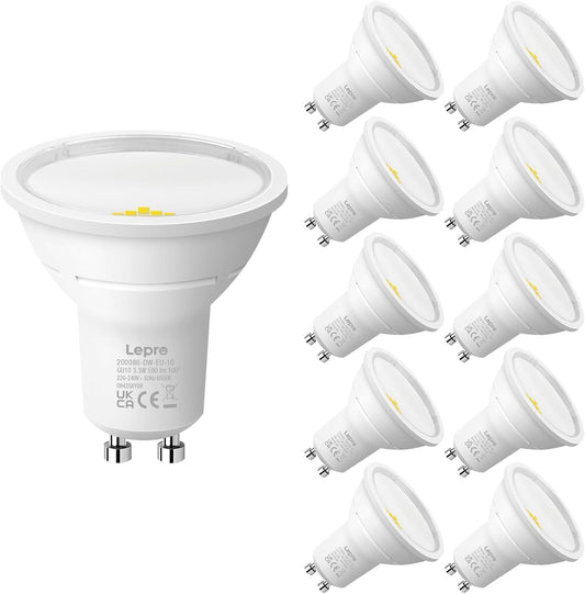 Lepro GU10 LED Bulbs, Cool White 6500K, A Energy Class, 590LM, 3.3W (50W Equivalent), 100¡« Wide Beam Angle, 50000H Long Life, Energy Saving LED Spotlight Bulb, Non-Dimmable, Pack of 10
