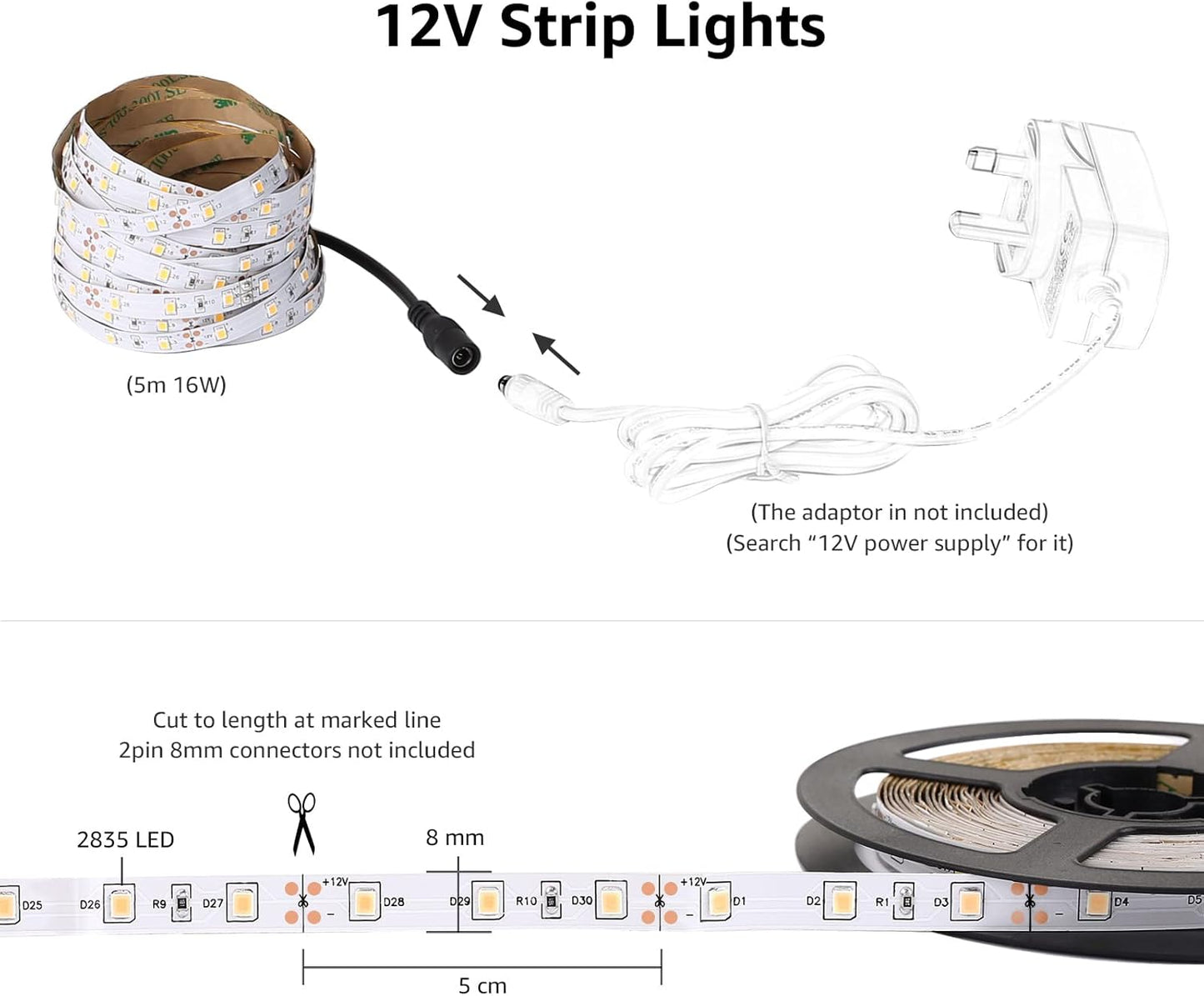 Lepro 5M LED Strip Lights, Cool White 6000K, 300 LEDs, 2300lm Bright Daylight LED Tape for Kitchen Cabinet Bar Van TV Mirror and More (12V Power Supply Not Included)