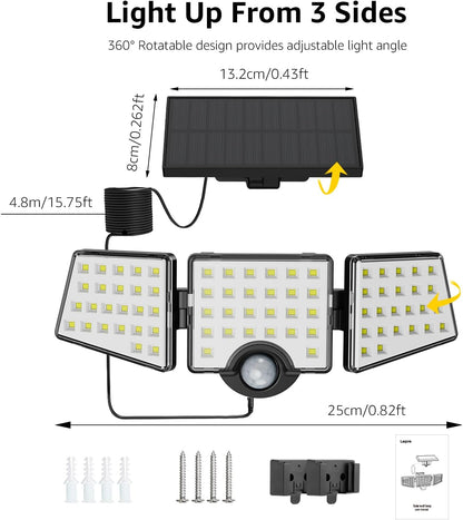 Lepro Solar Security Lights Outdoor Motion Sensor, 1200LM Solar Flood Lights with Separate Solar Panel, IP65 Waterproof, Adjustable 3Heads, Solar Pir Wall Lights for Yard Garage Pathway