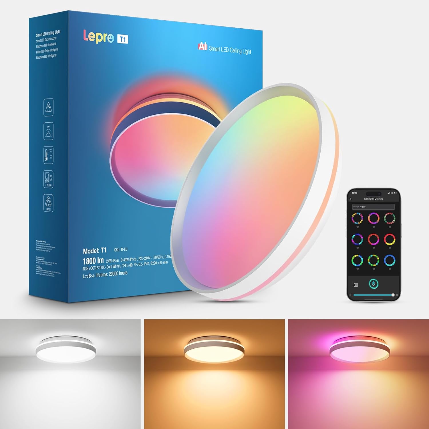 Lepro T1 AI Smart Ceiling Light 24W, Music Sync, AI Generated Lighting LLM, Voice Control, IP44 Waterproof Bathroom Light, Color Changing Ceiling Light WiFi, Work with Alexa Google Assistant, Ø29.4CM