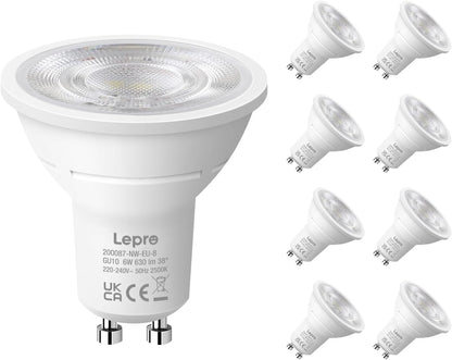 Lepro GU10 LED Bulbs, 4000K Neutral White, 630LM, 6W (80W Equivalent), 38¡« Beam Angle, Energy Saving Spotlight Bulbs, Non-Dimmable, 8 Packs